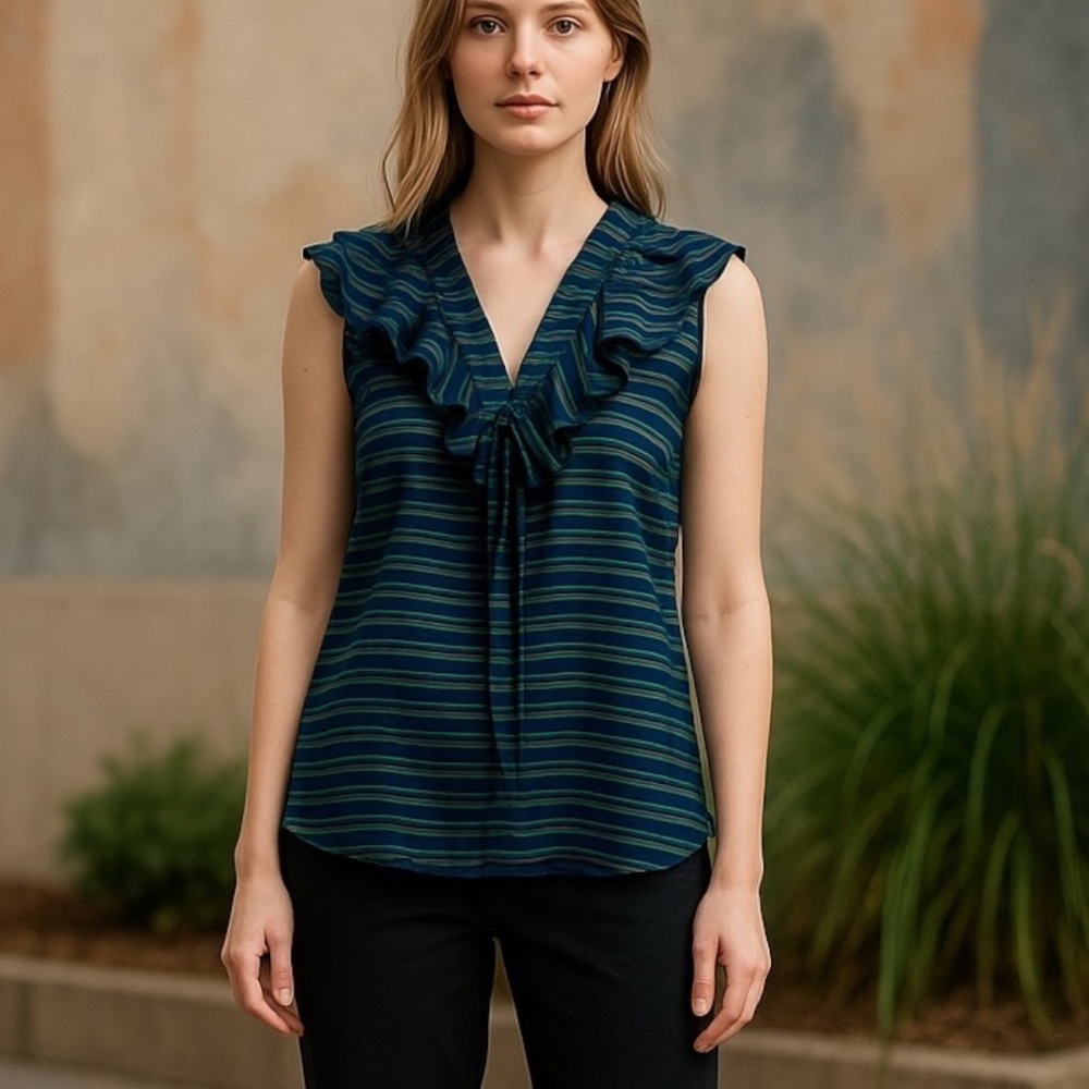 Loft Women’s Green Multi Stripes and Ruffles Sleeveless Summer Top Sz-L